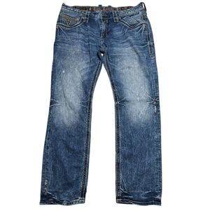 Rock Revival Mens Wales Slim Straight Jeans Size 36 Medium Wash Thick Stitching